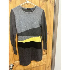 Aqua 100% Cashmere Gray Yellow Black Trim Long Sleeves Crew Tunic Dress Size M‎